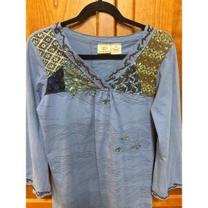La Blend Blue Cotton‎ Beaded Sequin Patchwork Tunic Dress Medium Boho Indonesia